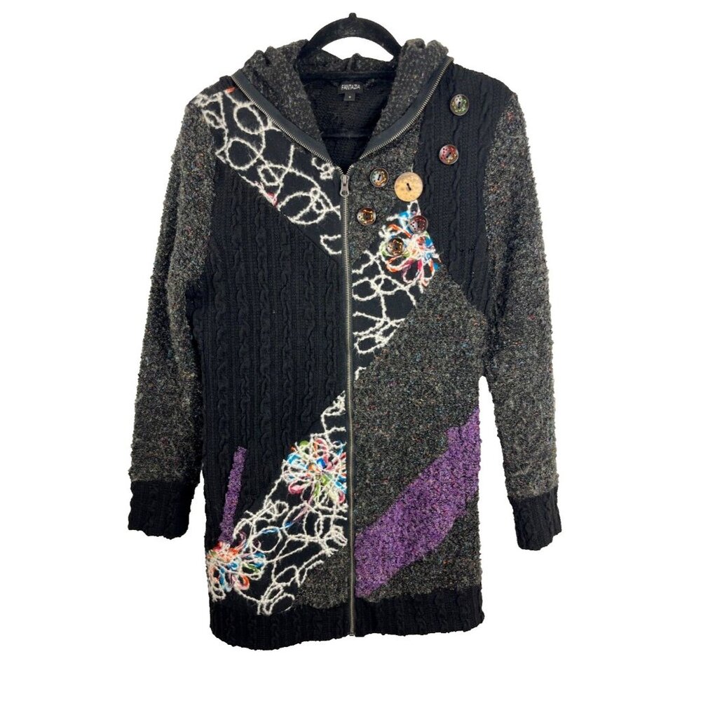 Fantazia Black Boho Artsy Long-Length Hooded Sweater-Coat Women's Size S